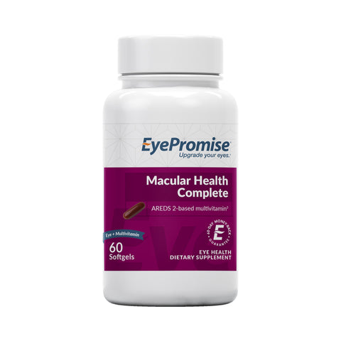A white bottle of EyePromise Macular Health Complete, a 60ct AREDS 2-based multivitamin, features a purple label with the EyePromise logo and an image of a softgel. It is designed for vision support with Zeaxanthin.