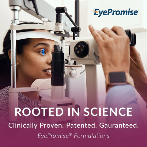 A woman undergoing an eye examination with medical equipment. Text overlay reads: EyePromise Macular Health Complete AREDS 2 Multivitamin: Rooted in Science, Clinically Proven, Patented, Guaranteed for Macular Health.