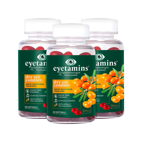 The Eyetamins Dry Eye Comfort bundle includes three bottles, each with 60 softgels. The green label with an orange section highlights Himalayan Sea Buckthorn and omega-rich seaberry graphics, providing vegan omega goodness to soothe your eyes.