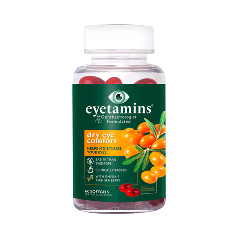 A bottle of Eyetamins Dry Eye Comfort: Natural Supplements for Dry Eyes 60ct offers 60 vegan omega-3 fortified softgels with omega-rich sea berry, providing clinically supported dry eye relief and moisturizing benefits easier than eye drops.