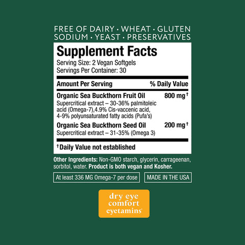 Eyetamins Dry Eye Comfort supplements feature a vegan softgel formula with Himalayan Sea Buckthorn oil. They are dairy, wheat, gluten, sodium, yeast, and preservative-free and are non-GMO and kosher. With 336 mg of Omega-7 for dry eye relief, they are made in the USA. Available as a 60ct x 3 bundle.