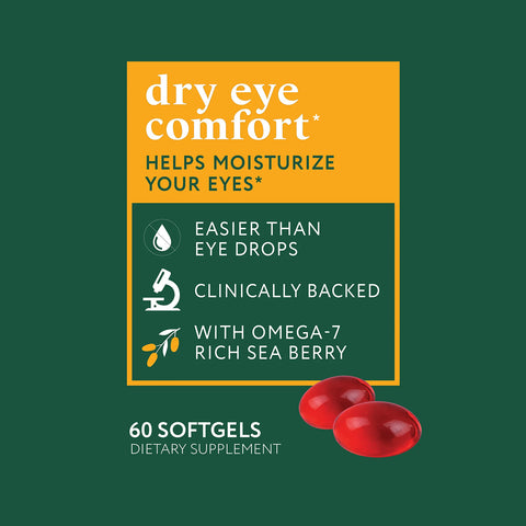 The image shows Eyetamins Dry Eye Comfort, a dietary supplement promoting dry eye comfort* helps moisturize your eyes* with key features like easier than eye drops and clinically backed, featuring Omega-7 rich Himalayan Sea Buckthorn. The vegan omega softgels come in a 60-count package.