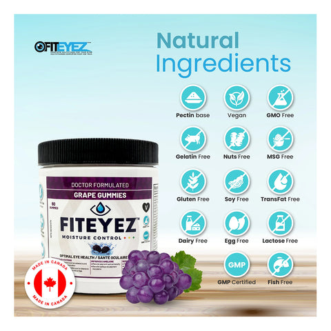 The image features a FitEyez Eye Fitness Gummies (Grape 60ct) container surrounded by grapes and a leaf. These pectin-based vegan gummies have Eye Fitness benefits with Astareal® Astaxanthin and are free from GMOs, nuts, and gluten.