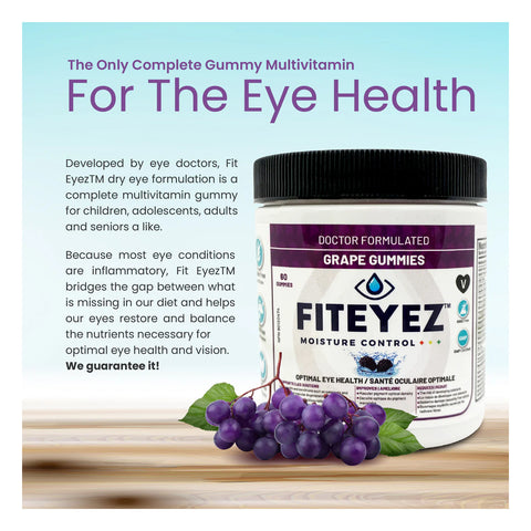 A container of FitEyez Eye Fitness Gummies (Grape 60ct) is showcased as a complete eye health multivitamin. Highlighting Astareal® Astaxanthin, it emphasizes benefits like dry eye protection and moisture control. A grape cluster decorates the base.