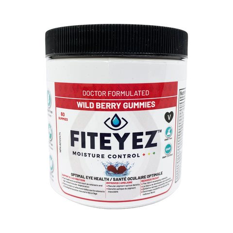 A 60-count container of FitEyez Wild Berry Eye Fitness Gummies, a doctor-formulated multivitamin for eye health with a black lid and health logos, supports optimal eye fitness.