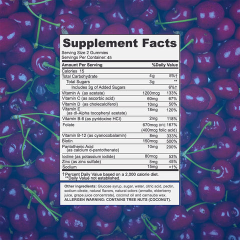 The Focus Multivitamin Gummies supplement facts label, placed over cherries, shows nutritional details like vitamins, folate, biotin, and zinc for energy support. Ingredients and allergen warnings are listed at the bottom. From Focus Vitamins; 90 gummies for a 45-day supply.