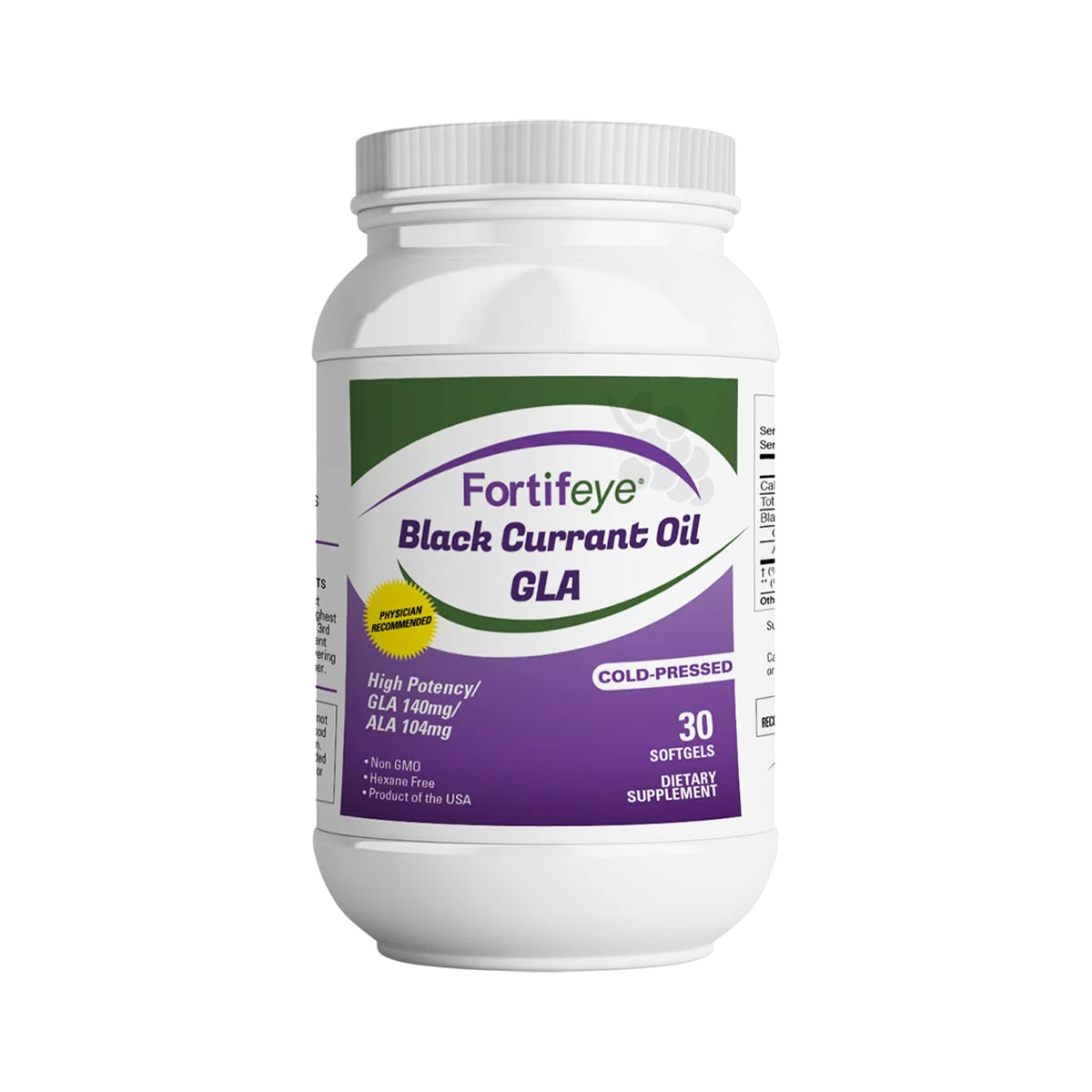 The Fortifeye Black Currant Seed Oil-GLA comes in a white bottle with 30 non-GMO softgels, each containing 140mg GLA and 140mg ALA. Its labeled as cold-pressed, offers Omega 3 benefits, and is proudly made in the USA.