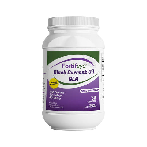 The Fortifeye Black Currant Seed Oil-GLA comes in a white bottle with 30 non-GMO softgels, each containing 140mg GLA and 140mg ALA. Its labeled as cold-pressed, offers Omega 3 benefits, and is proudly made in the USA.