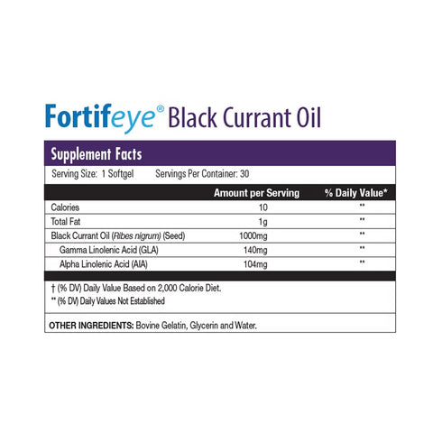 The Fortifeye Black Currant Seed Oil-GLA supplement offers 30 servings per container, each containing 1000mg of Black Currant Oil. Rich in Gamma Linolenic Acid (GLA) and Alpha Linolenic Acid, it includes bovine gelatin, glycerin, and water.