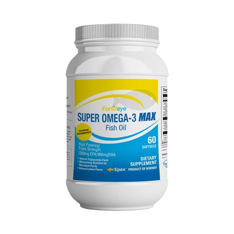 Explore Fortifeye Super Omega-3 Max (60ct) by Fortifeye—premium omega 3 softgels from Norway in a white bottle. Each High Potency and Triple Strength softgel offers 1200mg EPA and 900mg DHA for muscle recovery, all with a Natural Lemon Flavor.