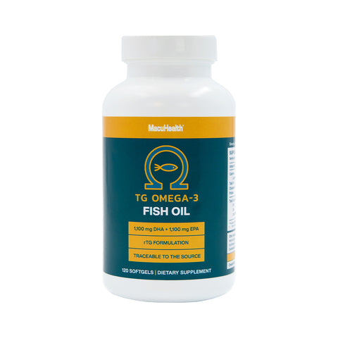 The MacuHealth Omega 3 Fish Oil supplement comes in a white bottle with a dark teal and yellow label. It provides 1,100 mg DHA and 1,100 mg EPA per serving in a re-esterified triglyceride form, ensuring source traceability. The bottle contains 120 softgels for a 30-60 day supply.