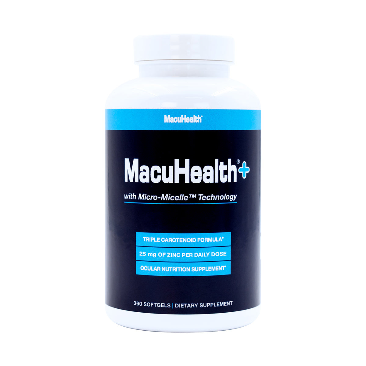 MacuHealth Plus+ Eye Supplement for Adults features a white bottle with a blue label, showcasing with Micro-Micelle Technology, Triple Carotenoid Formula, and 25 mg of Zinc per Daily Dose. It includes 360 softgels enriched with lutein and zeaxanthin to support macular degeneration.