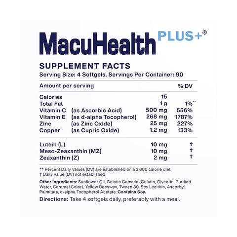 MacuHealth Plus+ Eye Supplement for Adults, featuring meso-zeaxanthin, lutein, and zeaxanthin, offers a 90-day supply with free 2-day shipping. Each serving of 4 softgels contains calories, vitamins C/E, zinc, copper—ideal for macular degeneration concerns per AREDS2 guidelines with detailed daily values.