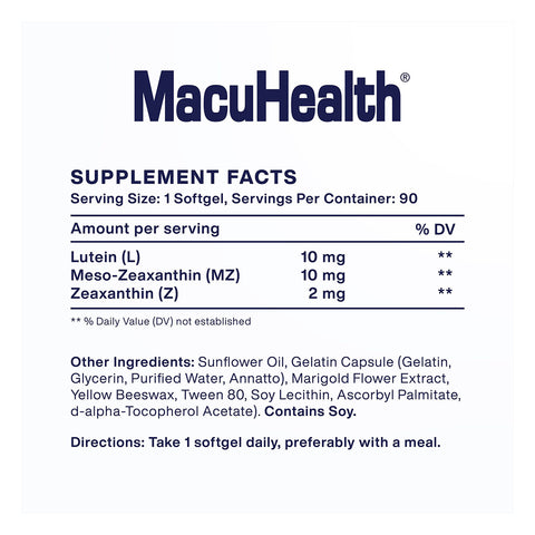 An image of the MacuHealth 2-pack Triple Carotenoid Formula supplement facts label shows eye vitamins: 10 mg Lutein, 10 mg Meso-Zeaxanthin, and 2 mg Zeaxanthin per softgel. It includes oils, gelatin with soy, usage instructions, and container size (180 softgels for a 6-month supply).
