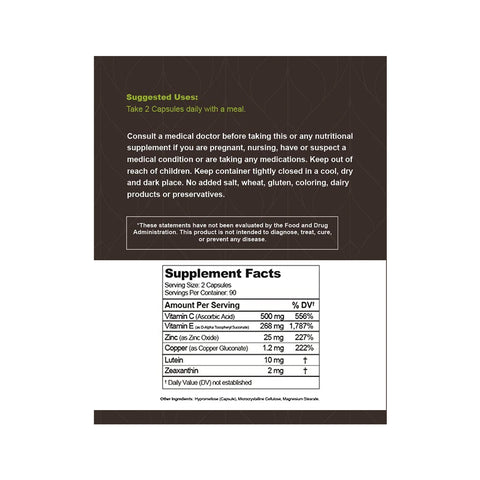 The Lunovus Visual Advantage Macular Support Formula for Eye Health advises taking 2 capsules daily with a meal. Consult a doctor before use. Supplement facts include Vitamin C, Vitamin A, and eye health ingredients. Free from gluten, wheat, coloring, and dairy.