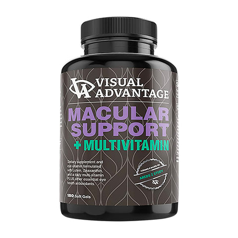 A Lunovus bottle of Visual Advantage Macular Support + Multivitamin AREDS 2 contains 180 soft gels. The label highlights Lutein and Zeaxanthin, emphasizing the AREDS 2 study, with a leaf-patterned background.