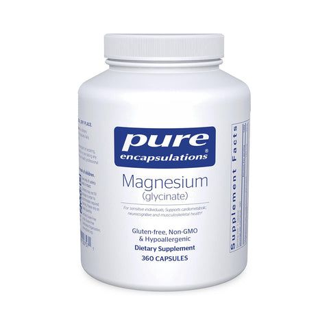 Pure Encapsulations Magnesium (Glycinate) 360ct comes in a white bottle, is gluten-free, non-GMO, and hypoallergenic. It supports cardio, neuro, and musculoskeletal health while aiding in overall eye health to alleviate dry eye symptoms.