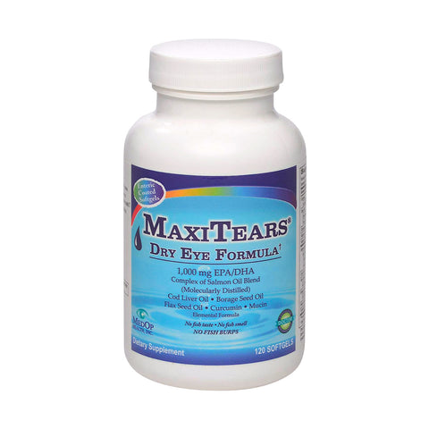A white bottle labeled MedOp MaxiTears Eye Formula from Lunovus features omega-3 fatty acids, fish oil, and curcumin for dry eye relief with “no fish burps.” It offers antioxidant support with 120 softgels for a 30-day supply.