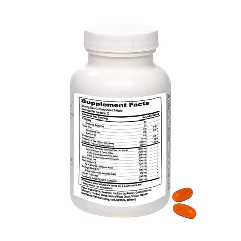 A white bottle labeled with supplement facts, featuring MedOp MaxiTears Eye Formula by Lunovus (120 Softgels, 30-Day Supply), sits beside two oval-shaped orange capsules for Omega-3 Fatty Acids intake.
