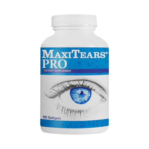 A white bottle of MaxiTears PRO Eye Formula by Lunovus showcases a detailed eye with blue coloring, promoting dry eye relief. The bottle has 120 softgels, rich in Omega-3 fatty acids to aid tear production.