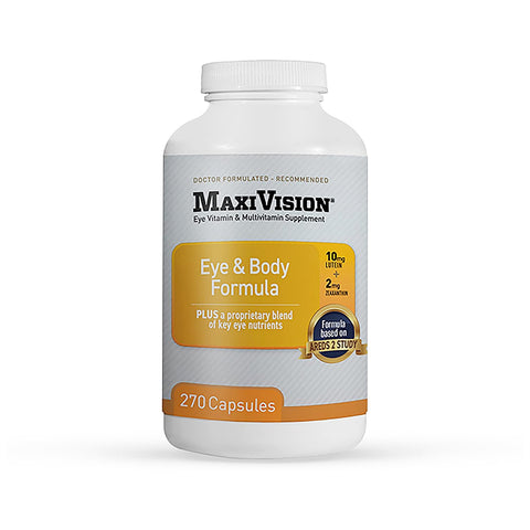 The white bottle of Lunovus MaxiVision Eye and Body Formula AREDS + Multivitamin (270ct 3-Month Supply) offers a doctor-formulated vision care blend inspired by AREDS2, combining essential vitamins and nutrients for optimal eye health support.