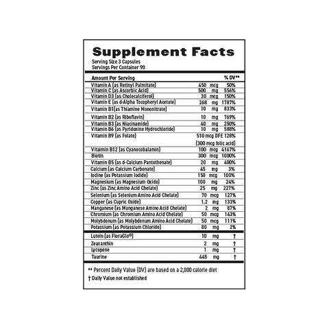 The MaxiVision Eye and Body Formula AREDS + Multivitamin by Lunovus offers a comprehensive blend of essential vitamins and minerals found in the AREDS 2 formula, including Vitamins A, C, D3, E, B6, B12, folic acid, zinc, and selenium for overall body and eye health.