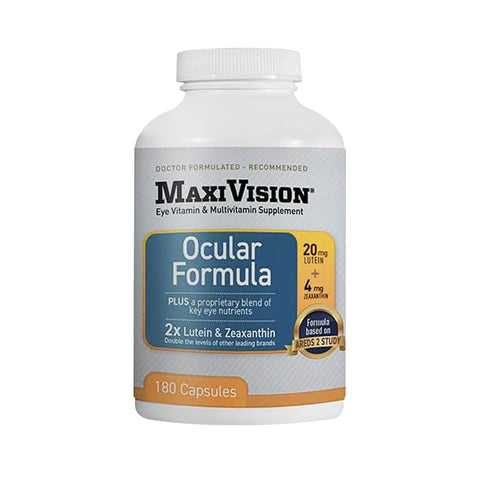 The Lunovus MaxiVision Ocular Formula, formulated on the AREDS 2 study, comes in a white bottle of 180 capsules with 20 mg lutein and 4 mg zeaxanthin. Recommended by doctors, it offers essential nutrients for optimal eye health support.