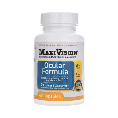 The Lunovus MaxiVision Ocular Formula, available in a 60-capsule bottle, provides eye health support with 20 mg of lutein and 4 mg of zeaxanthin per serving. Inspired by AREDS 2, these vitamins come in stylish white and blue packaging.