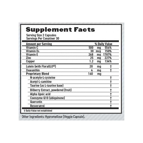 Inspired by the AREDS 2 study, Lunovuss MaxiVision Ocular Formula includes vitamins C, D, E, Zinc, Copper, Lutein with FloraGLO for eye health support. It also contains N-acetyl-L-cysteine, Acetyl L-carnitine, Taurine, Bilberry Extract, Alpha lipoic acid, and Coenzyme Q.