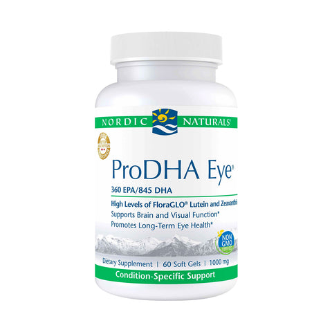 A white bottle labeled Nordic Naturals ProDHA Eye contains 60 softgels, each with 1000 mg. It includes DHA, Lutein, and Zeaxanthin for brain, vision, and eye health support. The design features a calming blue and green color scheme.