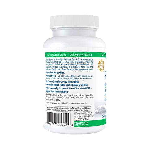A white bottle with a green and white label shows Nordic Naturals branding, pharmaceutical grade info, certifications, and patent details. Contact info is provided. Ingredients include lutein and zeaxanthin for enhanced benefits in ProDHA Eye - Advanced Omega-3 for vision health (60ct & 120ct softgels).