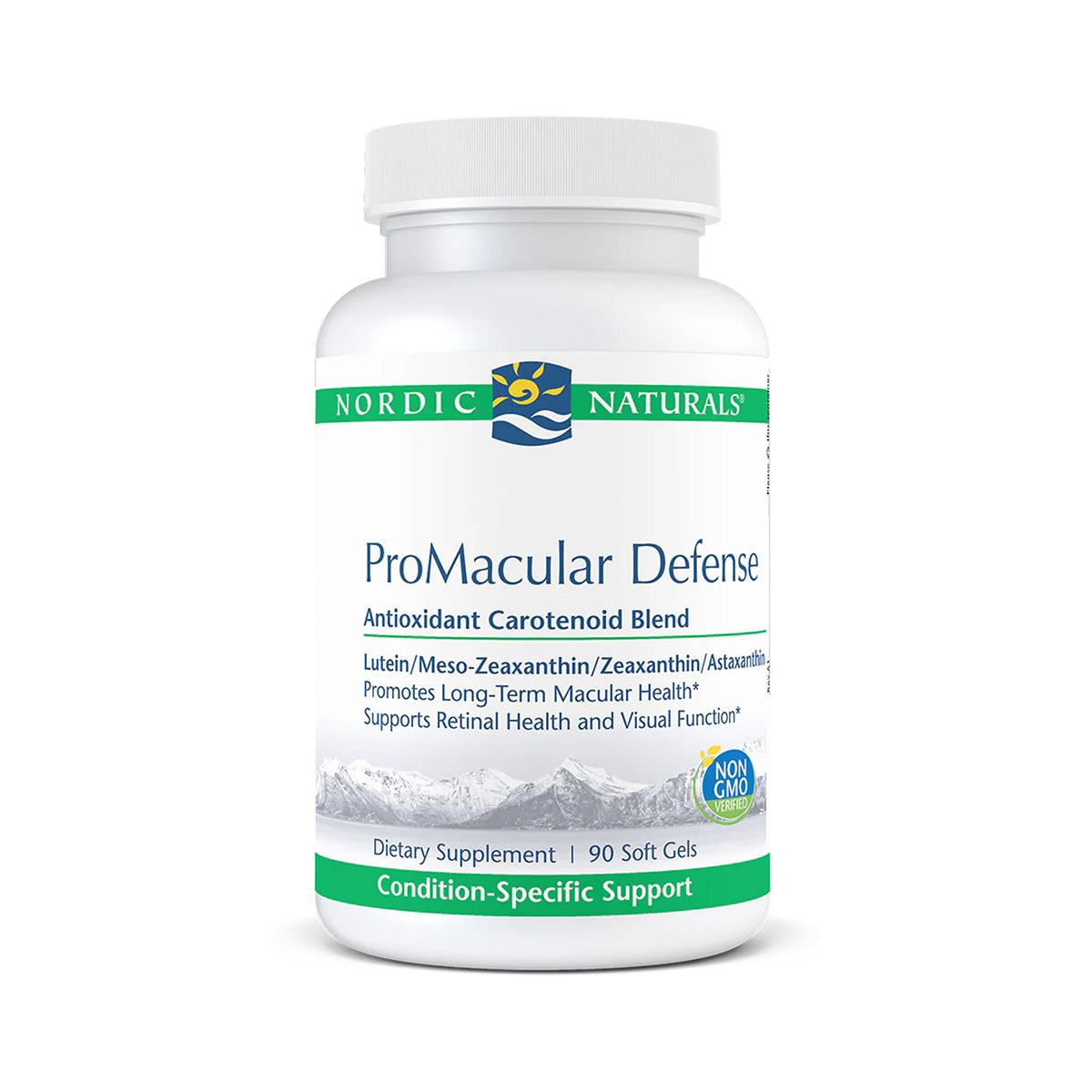 Nordic Naturals ProMacular Defense, a 90-soft gel, white bottle with blue and green label, is an antioxidant-rich carotenoid blend supporting macular health with lutein and zeaxanthin for optimal eye care.