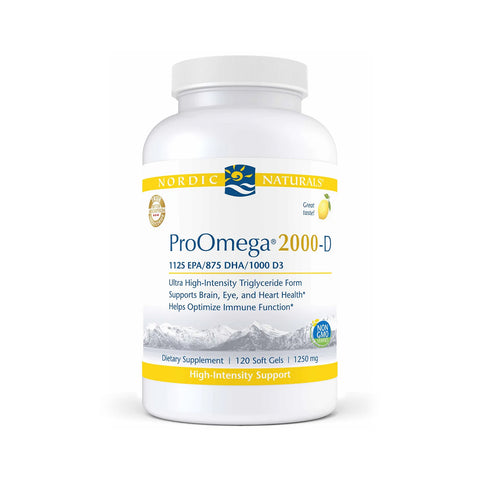 The white bottle of Nordic Naturals ProOmega® 2000-D, a dietary supplement with 120 soft gels, features high-potency omega-3 and vitamin D3 to support brain, eye, vision, and heart health.
