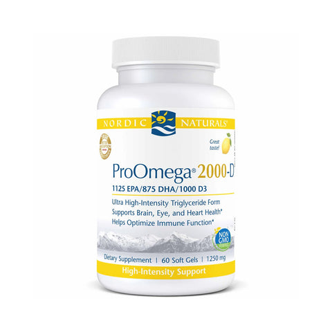 Nordic Naturals ProOmega® 2000-D, a high-potency dietary supplement with Omega-3 and Vitamin D3, supports eye health, heart wellness, brain function, and immunity. This non-GMO product includes 60 soft gels in triglyceride form and features an appealing mountain design on its white bottle.