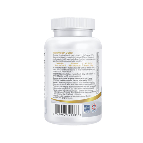 A white bottle of Nordic Naturals ProOmega 2000 Lemon Flavor showcases its label, highlighting eye health support benefits and certifications. It details Omega-3 advantages, usage suggestions, and a barcode, emphasizing dry eye relief.