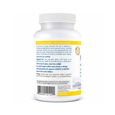 A white bottle of Nordic Naturals ProOmega-D Lemon Flavor (60ct) is shown from the back, highlighting its Omega-3 content and quality certifications. The label features blue and yellow accents, emphasizing eye health benefits, with a barcode at the bottom left.