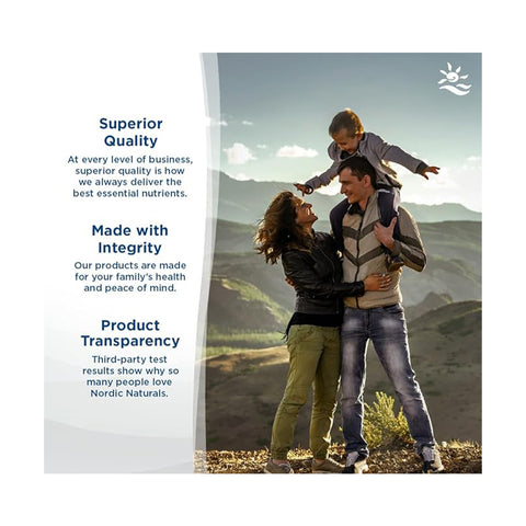A family of three enjoys a mountain view. The child sits on dad’s shoulders, reaching to mom. Text says, Superior Quality, Made with Integrity, and Product Transparency, noting benefits like enhanced eye health from Omega-3 in Nordic Naturals ProOmega-D Lemon Flavor (60ct).
