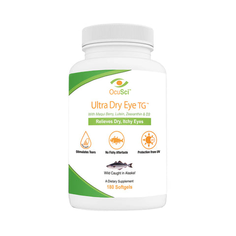 A white bottle labeled OcuSci Ultra Omega Support 2-Month Supply (180ct) dietary supplement by OcuSci, featuring Omega-3 Triglyceride, offers relief for dry, itchy eyes and supports tear production and UV protection.