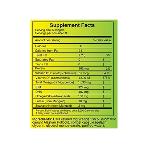 The OcuSci Ultra Omega Support supplement label specifies a serving size of 5 softgels, offering 30 servings per container. It contains Vitamin D3 and B12, fish oil, Omega-3 Triglyceride, EPA, DHA, calorie count, fats, and daily values. Ingredients are listed at the bottom.