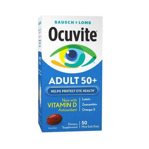 Ocuvite Eye Vitamin & Mineral Supplement by Bausch + Lomb features zinc, vitamins C and E, omega-3, lutein, and zeaxanthin. It aims to support eye health with its blend of ingredients. The bottle contains 90 softgels.