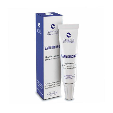 A blue and white Omega 3 Innovations box stands beside the Barristrong Skin Cream for Sensitive Eyes and Irritated Eyelids tube, which offers hydration and barrier protection for optimal skin and eye health. The cold-shipped tube is 15 ml (0.5 fl oz).