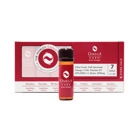 The product image shows Omega Cure Extra Strength Fresh Liquid Omega by Omega 3 Innovations, featuring a red box with seven vials of liquid Omega-3 and Cod Liver Oil with Vitamin D3. The label states Ultra-Fresh, Full-Spectrum and advises cold storage for optimal potency. Cold shipping included.