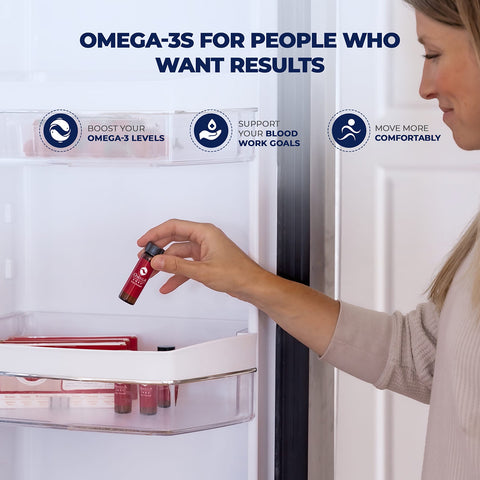 An individual places a vial of Omega Cure Extra Strength in a refrigerator. Text reads, Omega-3s for those seeking results, highlighting benefits: boosting omega-3 levels, enhancing vitamin D3 absorption, supporting blood work goals, and facilitating comfortable movement. Brand: Omega 3 Innovations.