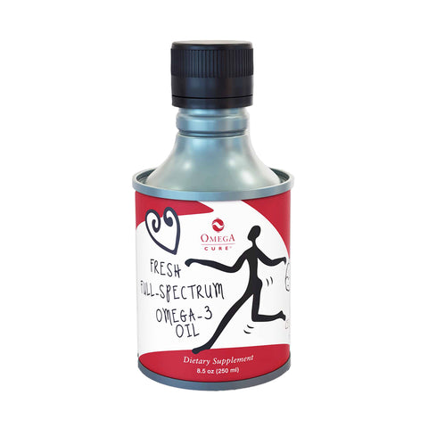 The silver bottle showcases a red label featuring a running figure and the text Fresh Full-Spectrum Omega-3 Oil. The 8.5 oz Omega Cure from Omega 3 Innovations provides a non-fishy tasting omega-3 dose.