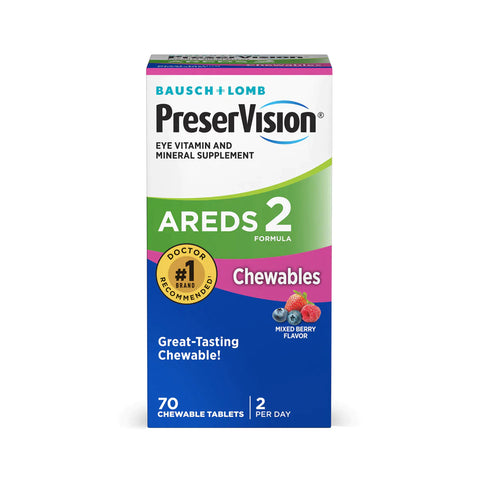 A box of PreserVision AREDS 2 Chewable Eye Vitamin & Mineral Supplement by Bausch + Lomb contains 60 tablets. Labeled Doctor Recommended and Great-Tasting Chewable, its formulated for age-related macular degeneration and eye health support.