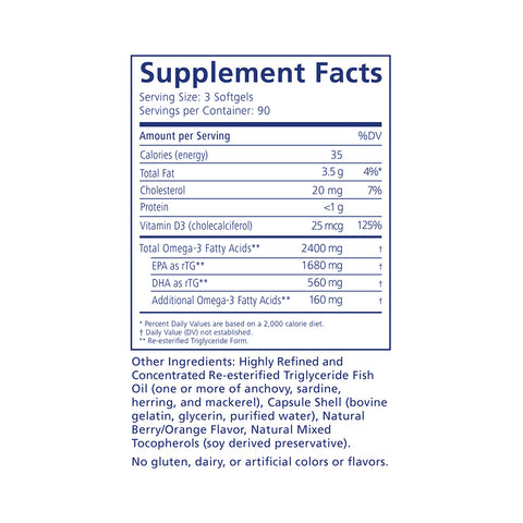 The PRN Flex Omega Benefits FO3 with Vitamin D3 for Joint Health has a supplement facts label indicating a serving size of 3 softgels, offering 90 servings per container. It contains fish oil rich in EPA and DHA for joint health and exercise recovery, free from gluten, dairy, and artificial additives.