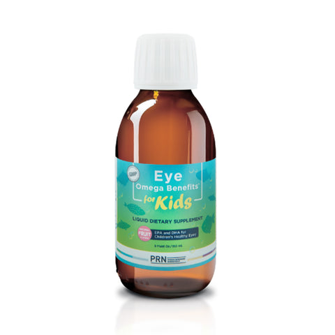 A 5oz brown glass bottle with a white cap and fish illustrations, labeled PRN Eye Omega Benefits for Kids, promotes Liquid Dietary Supplement and PRN. It features plum flavor, emphasizes omega-3s like EPA and DHA for eye health, and is from PRN - Physician Recommended Nutriceuticals.
