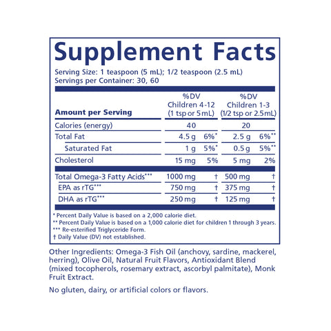 Explore the Supplement Facts for PRN Eye Omega Benefits for Kids by PRN, detailing serving size, servings per container, calories, total fat, and omega-3s like EPA and DHA. Includes a disclaimer on daily values and other ingredients information.