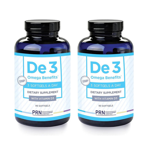 Two bottles of PRN DE3 Dry Eye Omega Benefits® (90ct) from PRN, a 2-month supply, enhance tear film quality and offer dry eye relief with Vitamin D3. Each bottle has 90 softgels; take three omega-3-rich softgels daily.