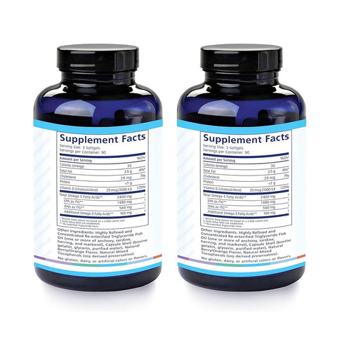 Two dark blue bottles labeled PRN DE3 Dry Eye Omega Benefits® (90ct) 2-Pack by PRN - Physician Recommended Nutriceuticals are shown against a white background. The labels feature nutritional info, such as serving size, calories, and omega-3s for dry eye relief.
